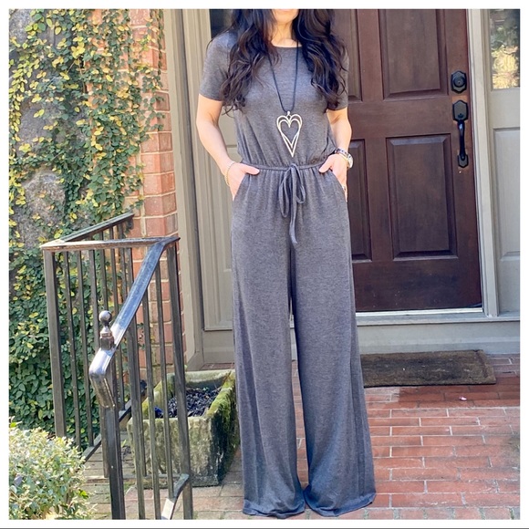 CHARCOAL FABULOUS WIDE LEG SIDE POCKETS JUMPSUIT - Picture 3 of 6